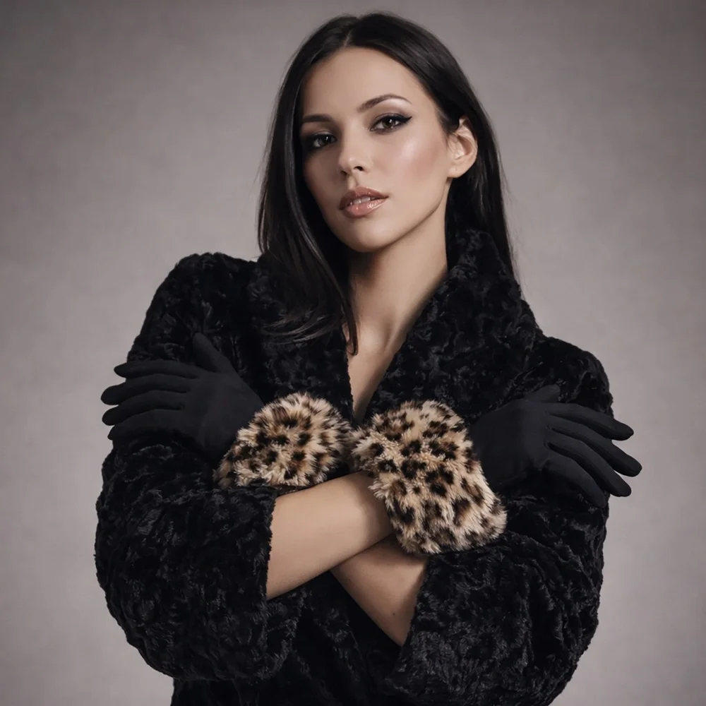 Vintage Early 90s Norma Kamali Faux Leopard Fur Cuff Gloves Retro Glam Rare